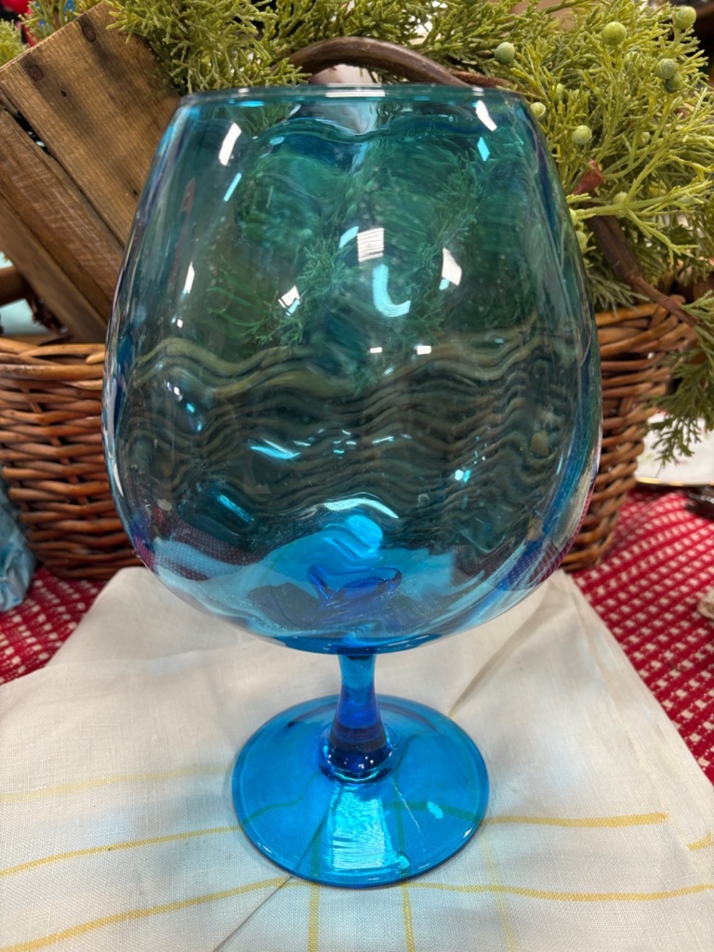 vintage Italian Empoli brandy snifter features a vibrant blue glass
